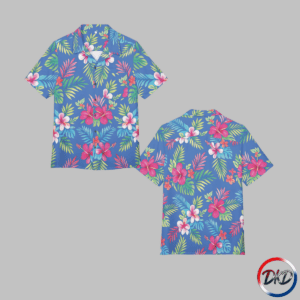 Front and back of shirt-This garden of paradise Hawaiian shirt brings the last warm light of a tropical evening into a wearable garden. On a deep royal-blue background, coral hibiscus, creamy plumeria, and fiery birds of paradise unfurl among lush green fronds and gilded palm leaves, arranged in a balanced, symmetrical all-over pattern. The shirt moves like a coastal breeze — lightweight, airy, and effortlessly polished thanks to a structured collar and placket that keep the silhouette tidy. Wear it for slow sundown walks on the sand, casual seaside dinners, or backyard gatherings where you want to feel relaxed but looked-after. Small details — matched button options, a sewn-in label, and careful assembly in the USA — show this piece was made with thoughtfulness. It’s a shirt that invites you to linger a little longer in that golden-hour glow.