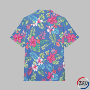 Back of shirt-This garden of paradise Hawaiian shirt brings the last warm light of a tropical evening into a wearable garden. On a deep royal-blue background, coral hibiscus, creamy plumeria, and fiery birds of paradise unfurl among lush green fronds and gilded palm leaves, arranged in a balanced, symmetrical all-over pattern. The shirt moves like a coastal breeze — lightweight, airy, and effortlessly polished thanks to a structured collar and placket that keep the silhouette tidy. Wear it for slow sundown walks on the sand, casual seaside dinners, or backyard gatherings where you want to feel relaxed but looked-after. Small details — matched button options, a sewn-in label, and careful assembly in the USA — show this piece was made with thoughtfulness. It’s a shirt that invites you to linger a little longer in that golden-hour glow.