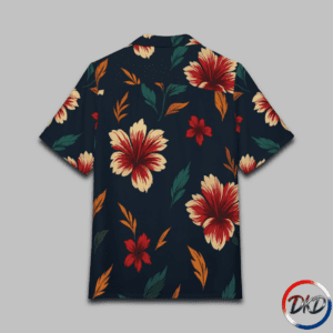 Shirt Back-Bright, breezy, and full of island charm — Harbor Bloom Haven brings a vibrant tropical energy to a unisex Hawaiian shirt designed for effortless warm‑weather style. The deep navy base sets a rich, coastal tone, while cream, red, and orange hibiscus‑style florals bloom across the fabric with lush green leaves for balance. Lightweight, breathable, and relaxed in fit, this shirt is perfect for vacations, beach days, summer gatherings, or adding a bold tropical twist to your everyday wardrobe.