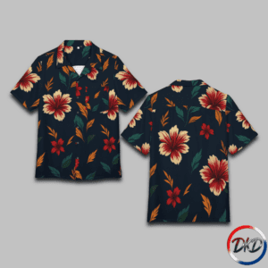 Shirt Front/back-Bright, breezy, and full of island charm — Harbor Bloom Haven brings a vibrant tropical energy to a unisex Hawaiian shirt designed for effortless warm‑weather style. The deep navy base sets a rich, coastal tone, while cream, red, and orange hibiscus‑style florals bloom across the fabric with lush green leaves for balance. Lightweight, breathable, and relaxed in fit, this shirt is perfect for vacations, beach days, summer gatherings, or adding a bold tropical twist to your everyday wardrobe.