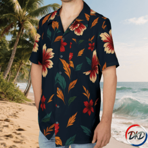 Model front shirt-Bright, breezy, and full of island charm — Harbor Bloom Haven brings a vibrant tropical energy to a unisex Hawaiian shirt designed for effortless warm‑weather style. The deep navy base sets a rich, coastal tone, while cream, red, and orange hibiscus‑style florals bloom across the fabric with lush green leaves for balance. Lightweight, breathable, and relaxed in fit, this shirt is perfect for vacations, beach days, summer gatherings, or adding a bold tropical twist to your everyday wardrobe.