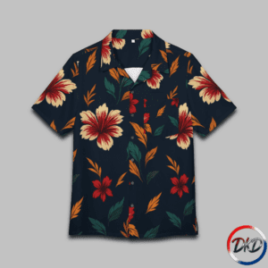 Shirt Front-Bright, breezy, and full of island charm — Harbor Bloom Haven brings a vibrant tropical energy to a unisex Hawaiian shirt designed for effortless warm‑weather style. The deep navy base sets a rich, coastal tone, while cream, red, and orange hibiscus‑style florals bloom across the fabric with lush green leaves for balance. Lightweight, breathable, and relaxed in fit, this shirt is perfect for vacations, beach days, summer gatherings, or adding a bold tropical twist to your everyday wardrobe.