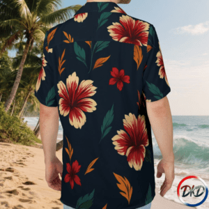 Madel back shirt-Bright, breezy, and full of island charm — Harbor Bloom Haven brings a vibrant tropical energy to a unisex Hawaiian shirt designed for effortless warm‑weather style. The deep navy base sets a rich, coastal tone, while cream, red, and orange hibiscus‑style florals bloom across the fabric with lush green leaves for balance. Lightweight, breathable, and relaxed in fit, this shirt is perfect for vacations, beach days, summer gatherings, or adding a bold tropical twist to your everyday wardrobe.