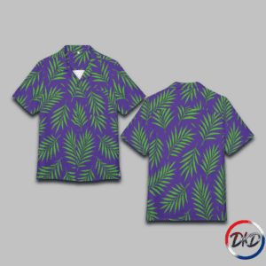 Front and back of shirt-Fresh, bold, and unmistakably tropical — Purple Palm Breeze brings a vibrant modern twist to the classic unisex Hawaiian shirt. The deep purple backdrop sets a rich, stylish tone, while bright green palm leaves sweep across the fabric in a crisp, high‑contrast pattern. Lightweight, breathable, and relaxed in fit, this shirt is perfect for vacations, beach days, summer parties, or adding a lively island vibe to your everyday wardrobe.