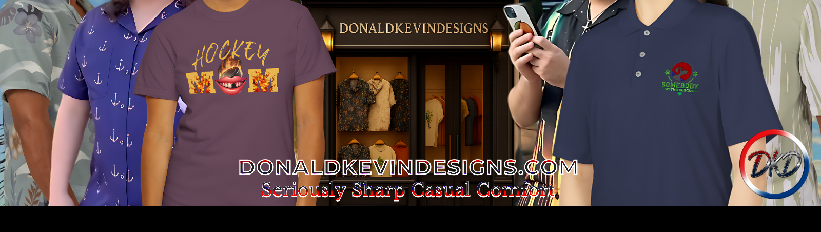Banner for site. Black storefront with a window on the left and double doors entrance to the right of the window. You can see various shirts hanging in the shop through the glass. DONALDKEVINDESIGNS is in gold letters above the window and doors and coach lights are on either side of the text. 6 models are standing in front of the shop, 3 on each side of the shop wearing different shirts from the shop. 4 Hawaiian shirts 1 Hockey Mom Tshity and 1 "Somebody To The Rescue" embroidered adidas polo shirt.
